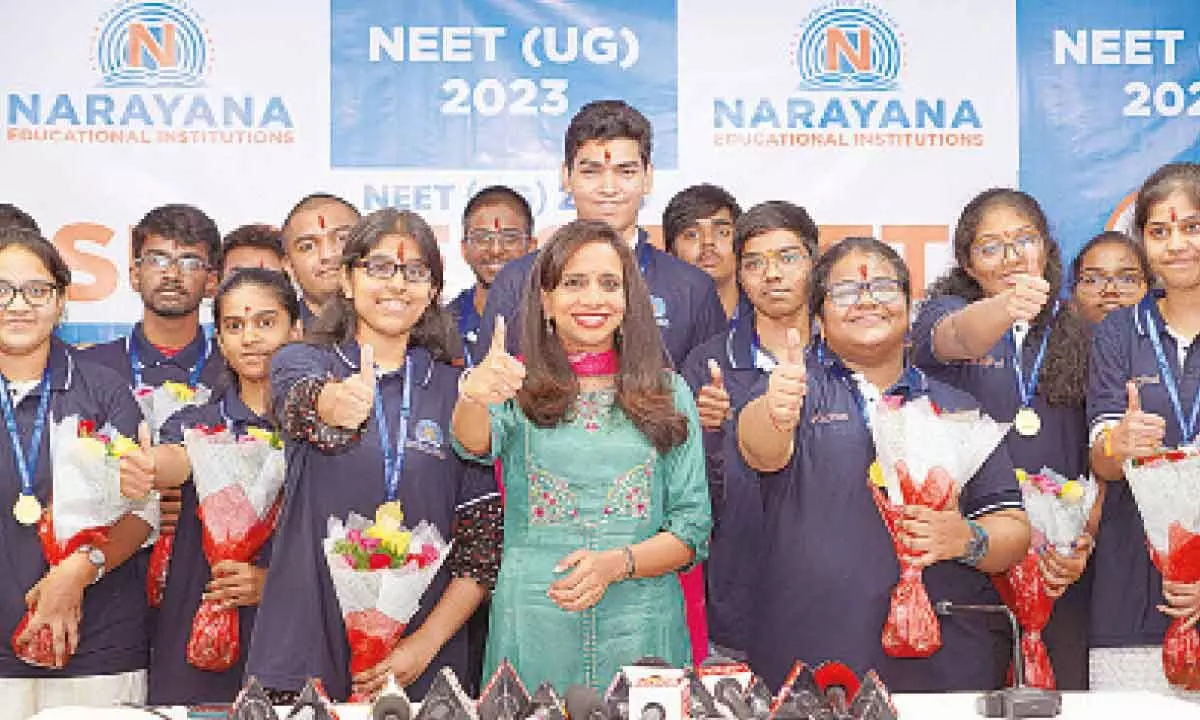 Director of Narayana Educational Institutions Dr P Sindhura with students with rankers