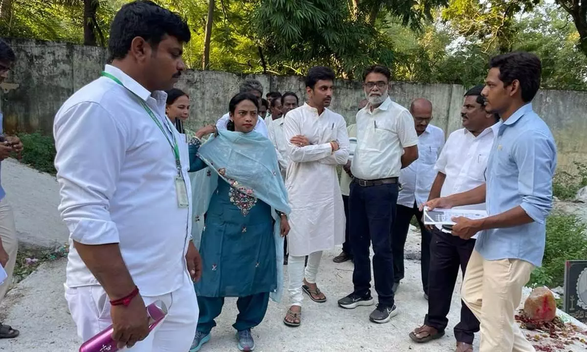Municipal Commissioner D Haritha and Deputy Mayor B Abhinay Reddy visiting the Chenna Reddy colony to plan the slip road, in Tirupati.
