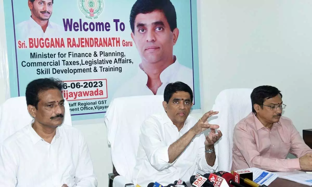 Finance Minister Buggana Rajendranath Reddy addressing a press conference at GST audit and enforcement office in Vijayawada on Friday