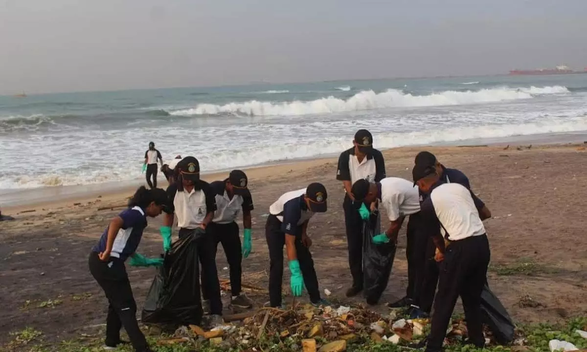 Participants at the beach cleanup drive organised by the ENC in Visakhapatnam