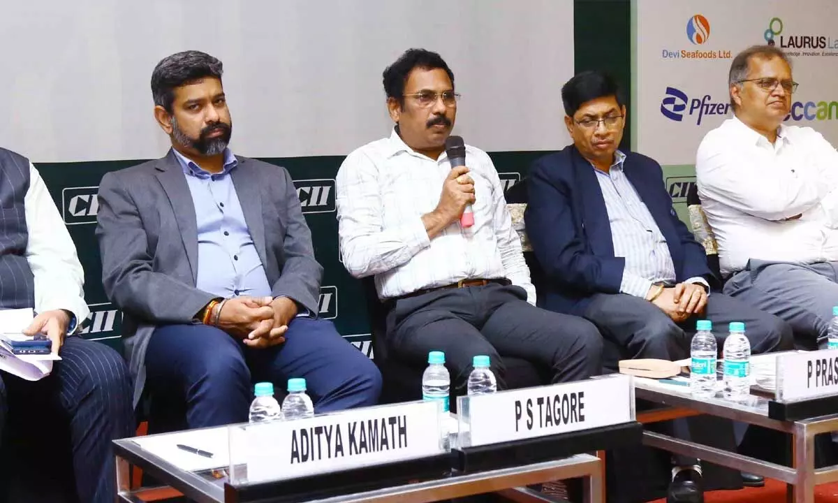 Joint chief environmental engineer of APPCB P Prasada Rao, chairman of CII PP Lal Krishna, vice chairman Grandhi Rajesh and convenor of HR and IR panel PS Tagore, among others, at the seminar held in Visakhapatnam on Saturday