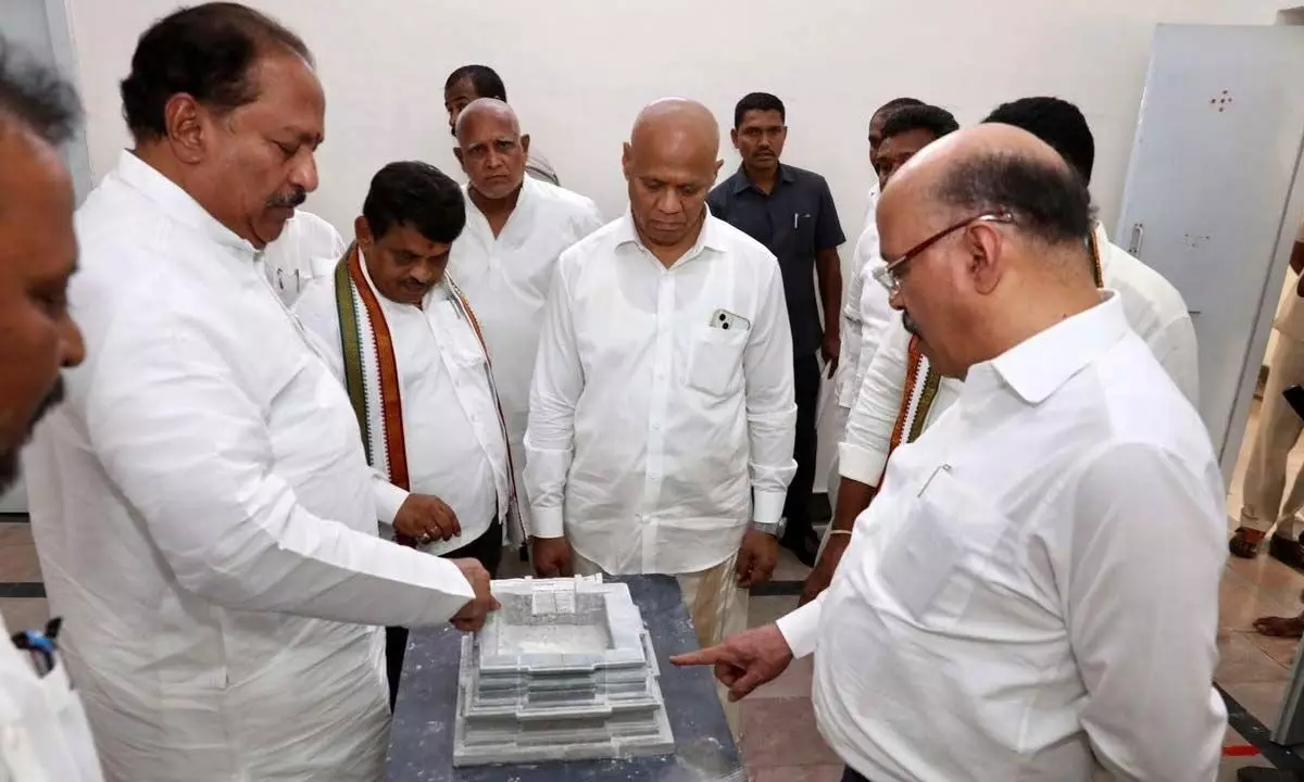 Deputy Chief Minister K Satyanarayana visiting SV Institute of Traditional Sculpture and Architecture in Tirupati on Saturday. EO AV Dharma Reddy is also seen.