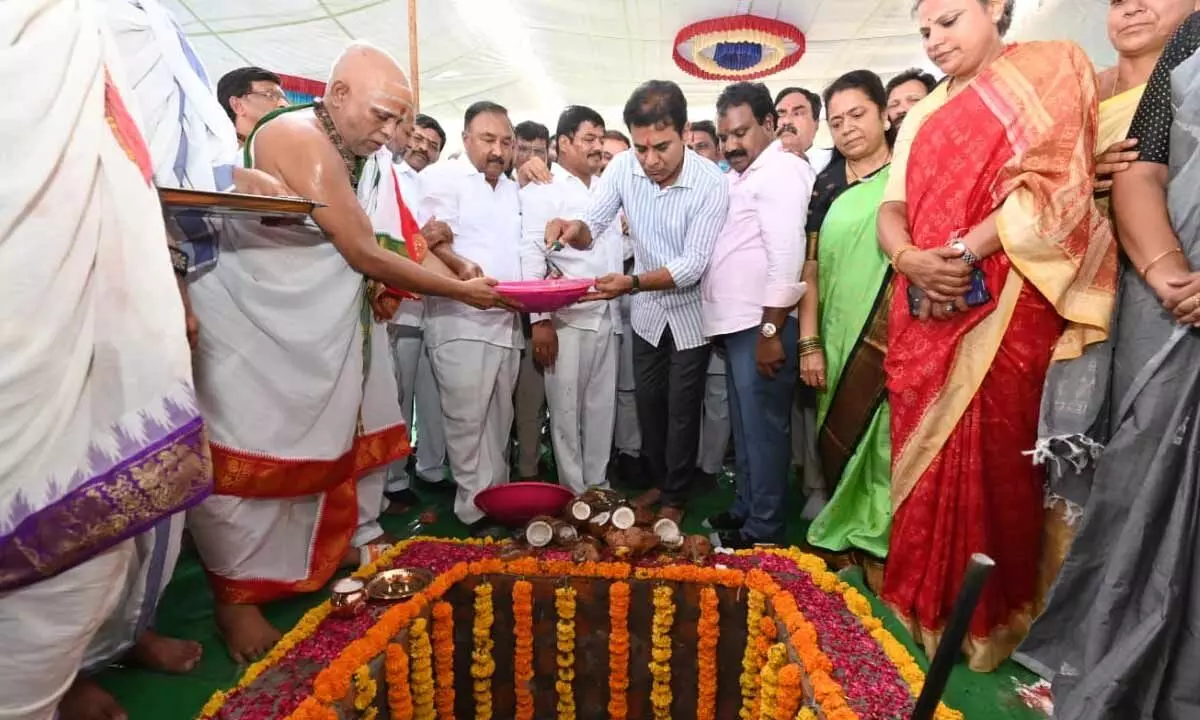 IT, MA&UD Minister K T Rama Rao speaking at the groundbreaking ceremony of the Evertop Textile and Apparel Complex Private Limited (ETL), an enterprise of Korean Textile major Youngone Corporation, at the Kakatiya Mega Textile Park (KMTP), at Shayampet under Geesukonda mandal near Warangal on Saturday
