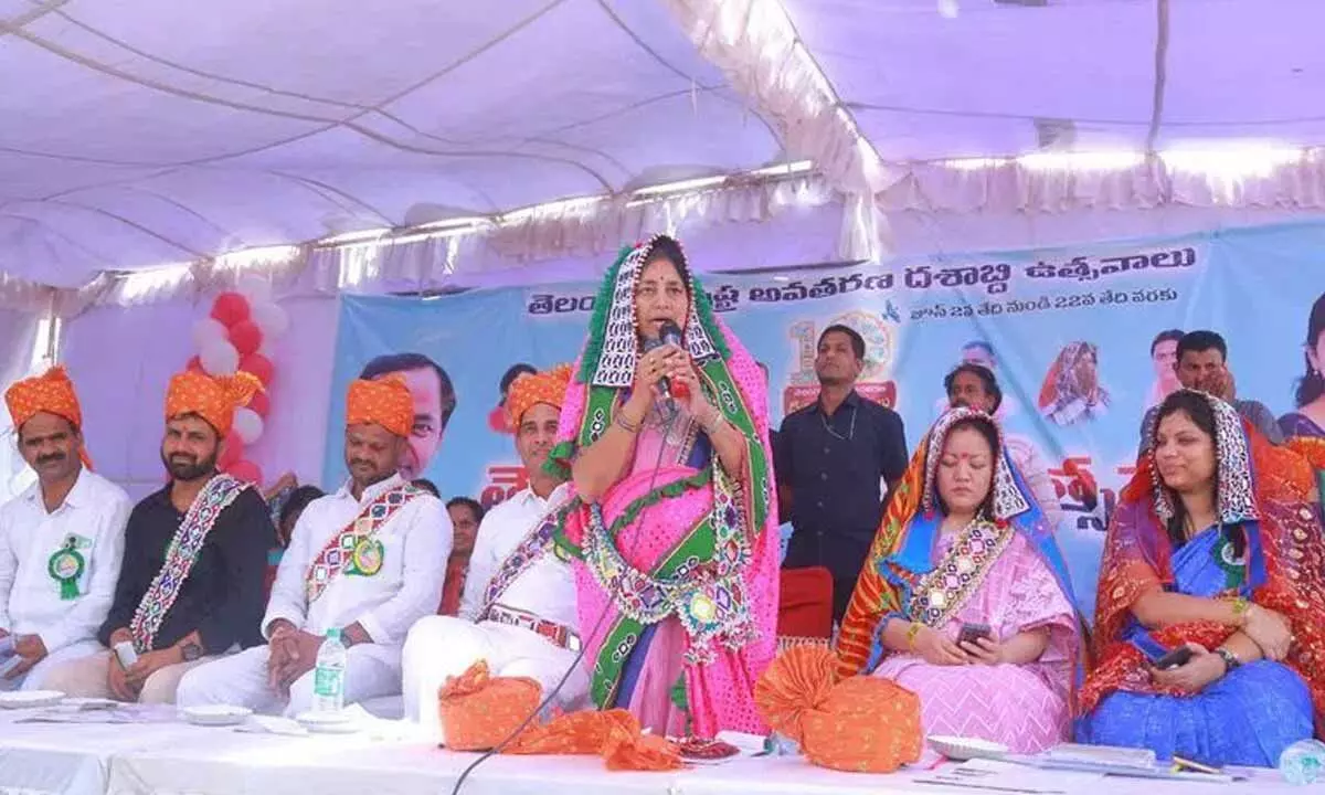 Aler MLA and Government whip Gongidi Sunitha addressing at the Girjonstavam celebrations held in Pilligundla Thanda of Bommalaramaram mandal in Aler constituency on Saturday