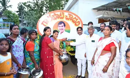 The water tanker, donated by Tapana Foundation to supply drinking water, at Sitarampura Agraharam on Friday