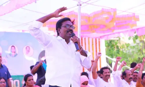 Transport Minister Puvvada Ajay Kumar speaking at the Pattana Pragathi celebration programme held in Khammam on Friday