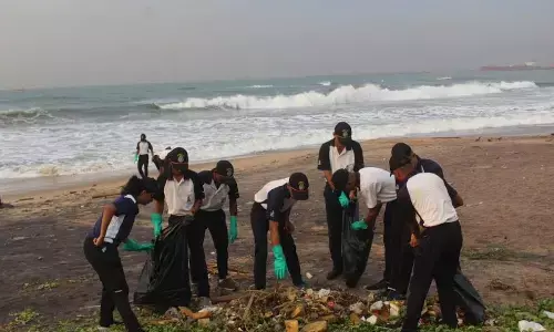 Participants at the beach cleanup drive organised by the ENC in Visakhapatnam