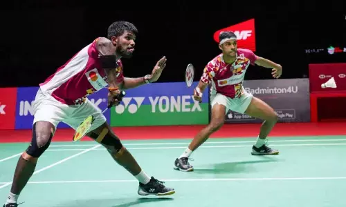 Indias Satwiksairaj Rankireddy (left) with Chirag Shetty play against South Koreas Kang Min-hyuk and Seo Sung-jae during their semifinal match at Istora Stadium in Jakarta, Indonesia on Saturday