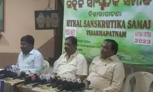 Utkal Sanskrutika Samaj president JK Nayak, general secretary Bimal Kumar Mahanta and coordinator Arun Das at media conference in Visakhapatnam on Sunday