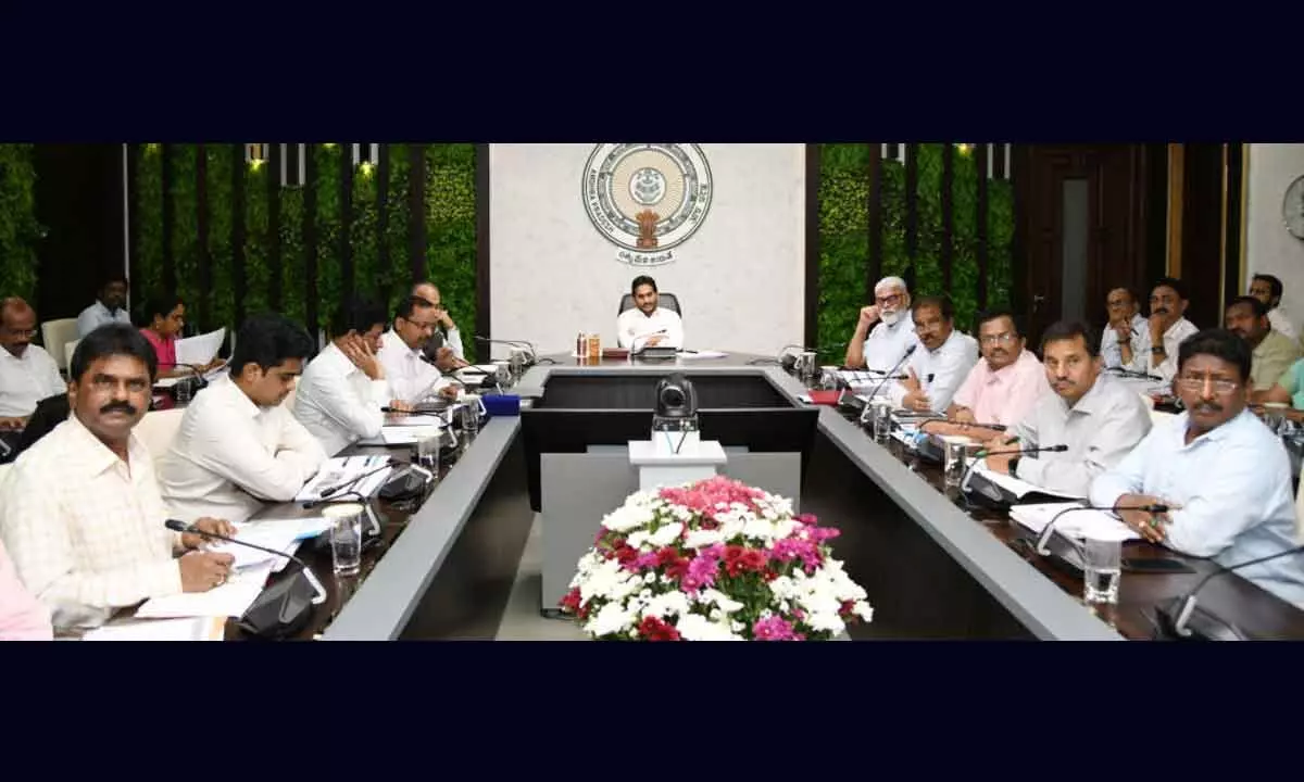 Chief Minister Y S Jagan Mohan Reddy holding a review meeting with officials of the Water  Resources Department at his  camp office in Tadepalli on Monday