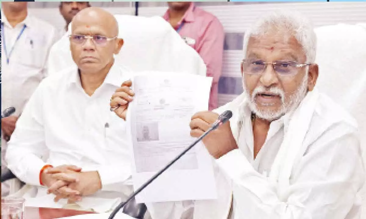 TTD Chairman Y V Subba Reddy along with Executive Officer A V Dharma Reddy addressing a press conference at Tirumala on Monday