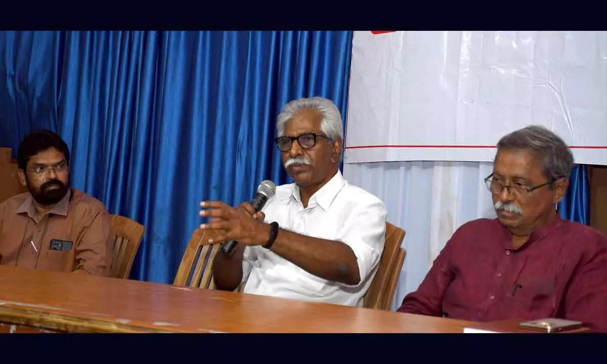 CPM State secretary V Srinivasa Rao speaking at Meet-the-Press programme in Vijayawada on Monday