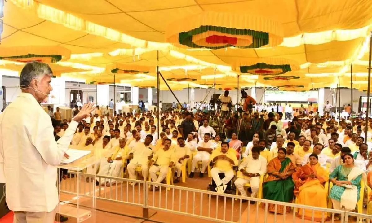 TDP national president N Chandrababu Naidu addressing the general body meeting of the party at NTR Bhavan in Mangalagiri on Monday