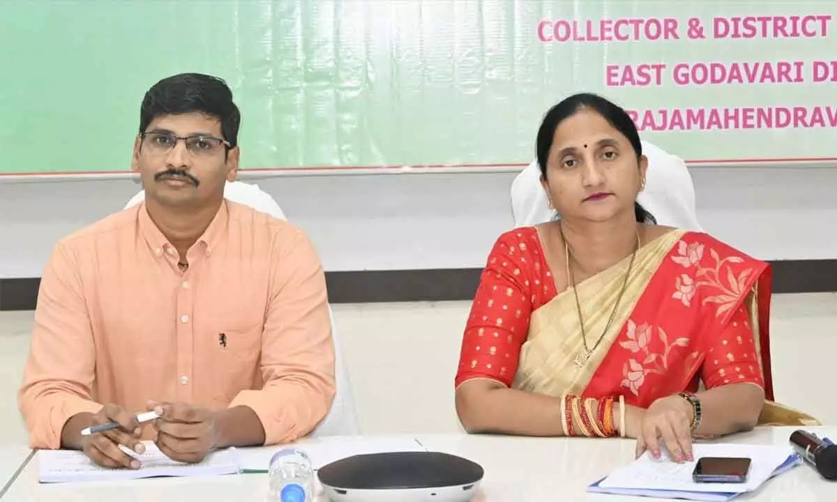 District Collector Dr K Madhavi Latha and district SP Sudhir Kumar Reddy participating in the first meeting of district-level Vigilance and Monitoring Committee on POA at the Collectorate in Rajamahendravaram on Tuesday