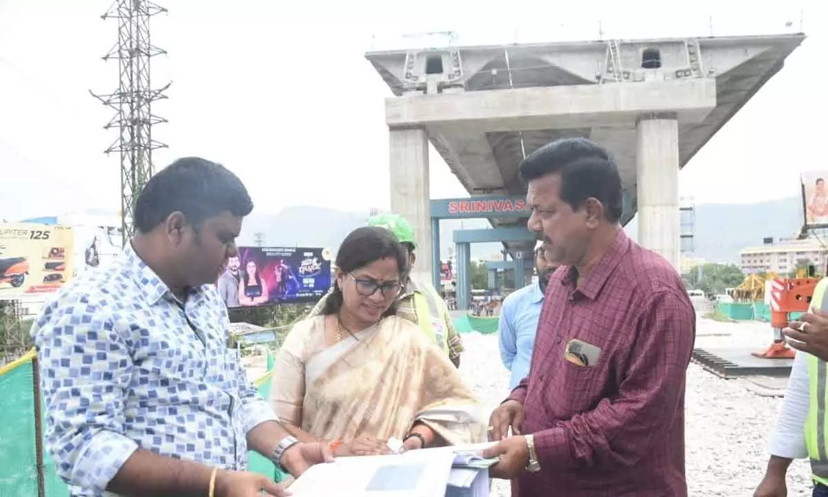 Mayor Dr R Sirisha during the inspection of Srinivasa Setu flyover works in Tirupati on Tuesday