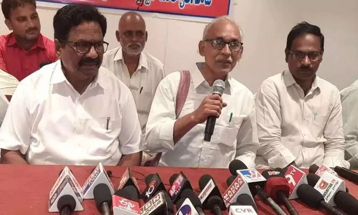 CPM leader BV Raghavulu addressing the media in Miryalguda on Tuesday