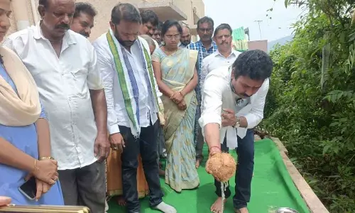 NREDCAP Chairman KK Raju laying foundation stone for some development works in Visakhapatnam on Monday