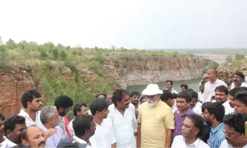 Water Resources Minister Ambati Rambabu, Government Whip Pinnelli Ramakrishna Reddy, MP Lavu Sri Krishnadevarayulu, MLC KS Lakshmana Rao and Palnadu district Collector Sivasankar Lotheti examining Varikapudisela LIS construction place at Gangalagunta village on Tuesday