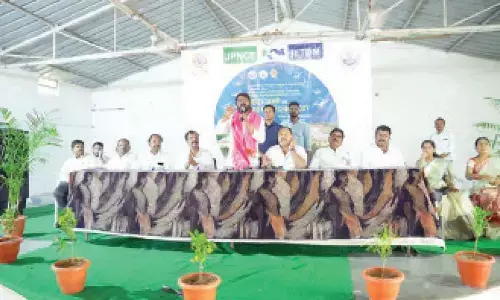 Excise Minister V Srinivas Goud speaking at JPNCE Engineering College in Mahbubnagar on Tuesday