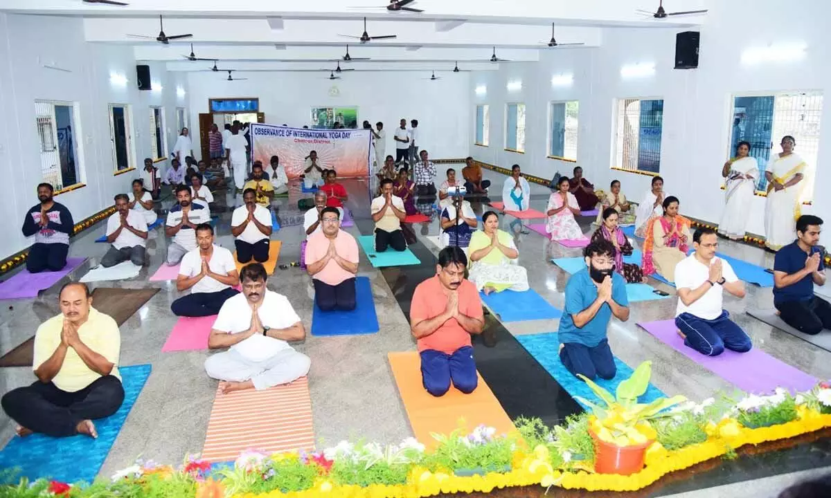 Participants at the International Yoga Day fete held at PVKN Govt Degree College in Chittoor on Wednesday