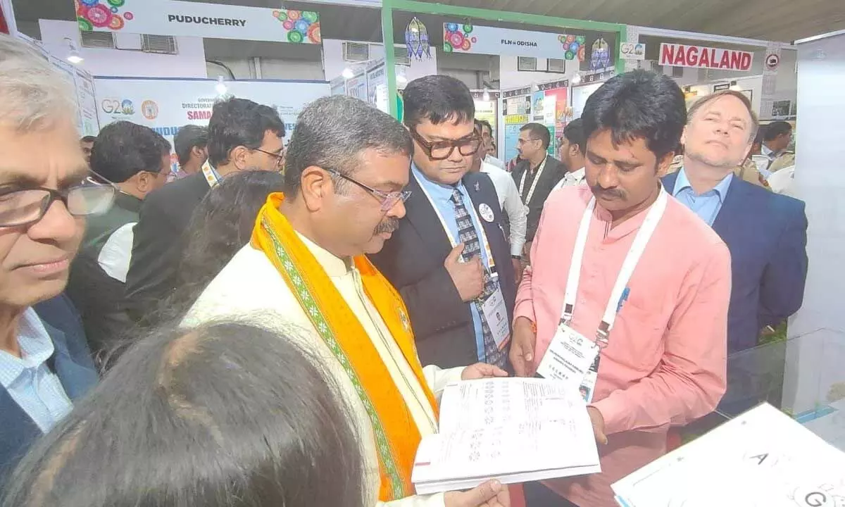 Union Education Minister Dharmendra Pradhan visiting the stall arranged by AP government in Pune on Wednesday