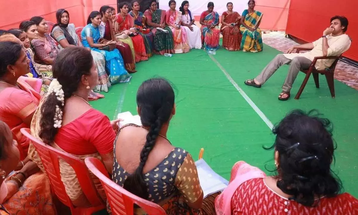 Jana Sena Party chief Pawan Kalyan interacting with party women members at Mummidivaram  on Wednesday