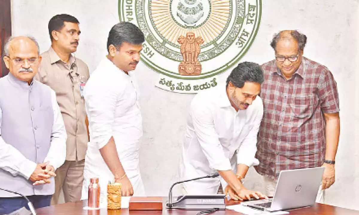 Chief Minister YS Jagan Mohan Reddy virtually inaugurating the CCL plant and KRIBHCO plant from his camp office in Tadepalli on Thursday. Minister for IT and Industries G Amarnath, CS Dr KS Jawahar Reddy and others