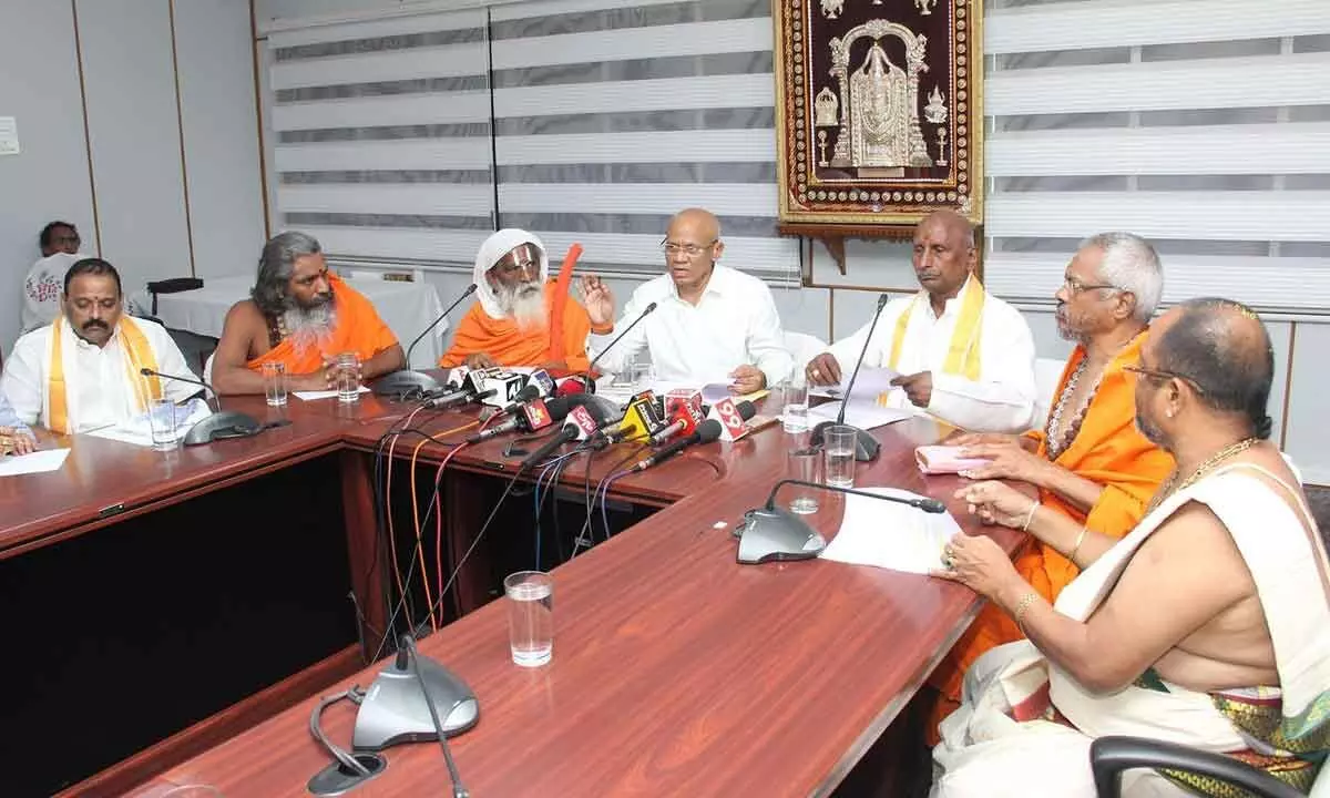 VHP leaders and Peetadhipathis addressing media in support of TTD utilisation of SRIVANI Trust funds in Tirumala on Thursday. EO A V Dharma Reddy is also present.