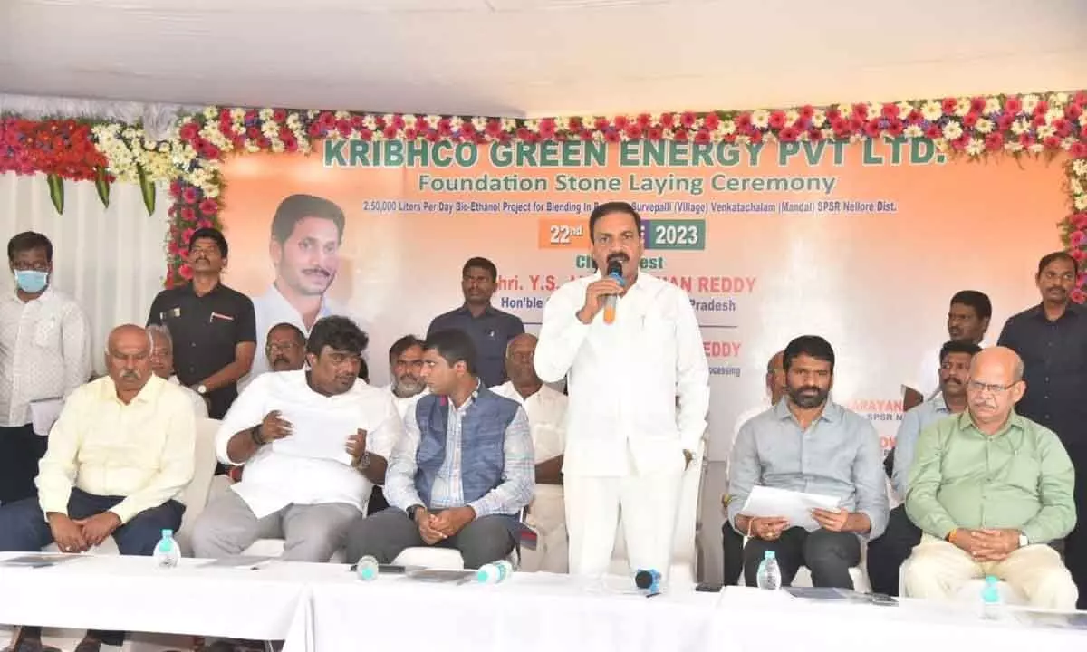 Agriculture Minister Kakani Govardhan Reddy addressing the gathering after Chief Minister YS Jagan Mohan Reddy virtually laid foundation for the construction of Ethanol Plants in Servepalle village on Thursday