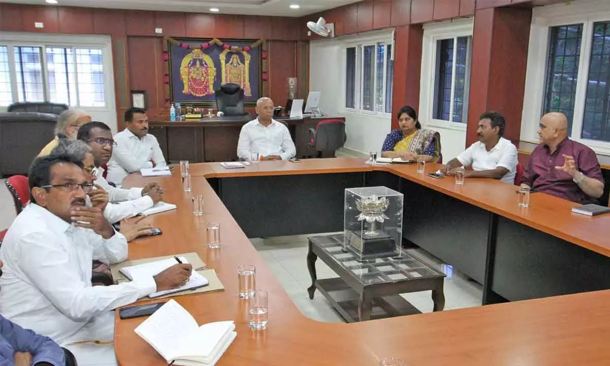 TTD EO AV Dharma Reddy addressing the officials at a meeting in Tirupati on Thursday