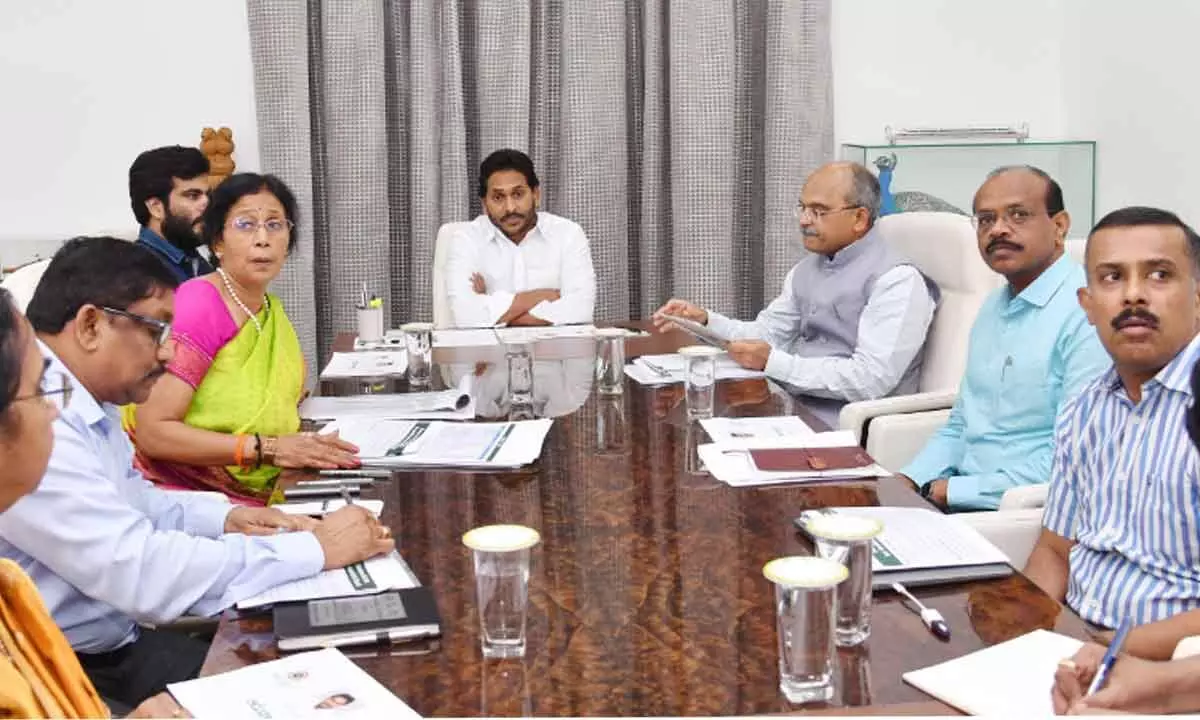 Chief Minister Y S Jagan Mohan Reddy holds a review on Adudam Andhra Pradesh at his camp office on Thursday