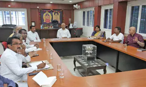 TTD EO AV Dharma Reddy addressing the officials at a meeting in Tirupati on Thursday