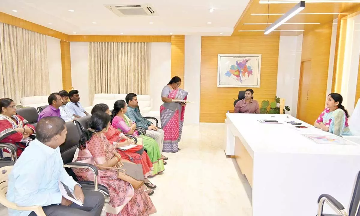 District Collector Dr K Madhavi Latha reviewing the implementation of Bangaru Konda scheme with the officials at her chamber in Rajamahendravaram on Friday