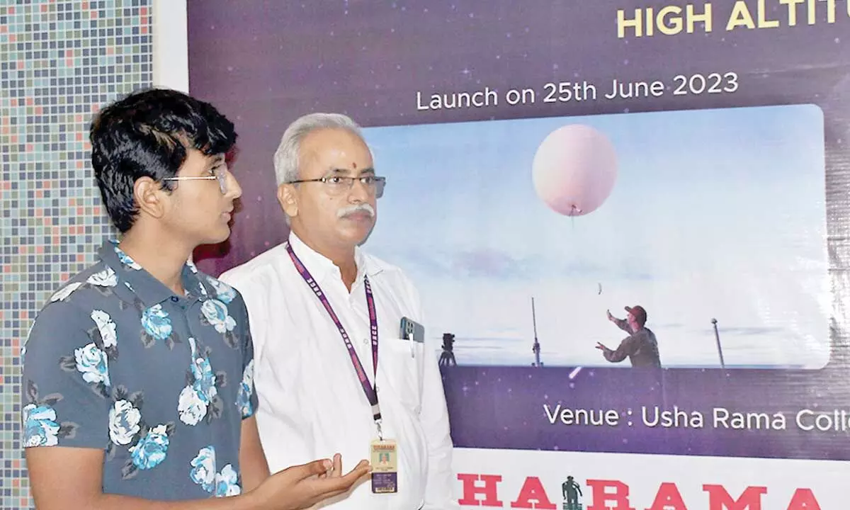 Usha Rama Engineering College Principal Dr GVKSV Prasad and student and mission director Akshay explaining about Space Balloon at a press conference in Vijayawada on Friday							Photo: Ch Venkata Mastan