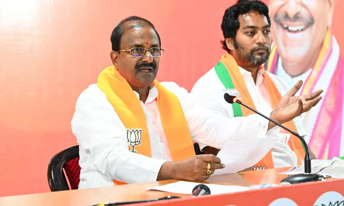 BJP state president Somu Veerraju addressing media at the state party office in Vijayawada on Saturday