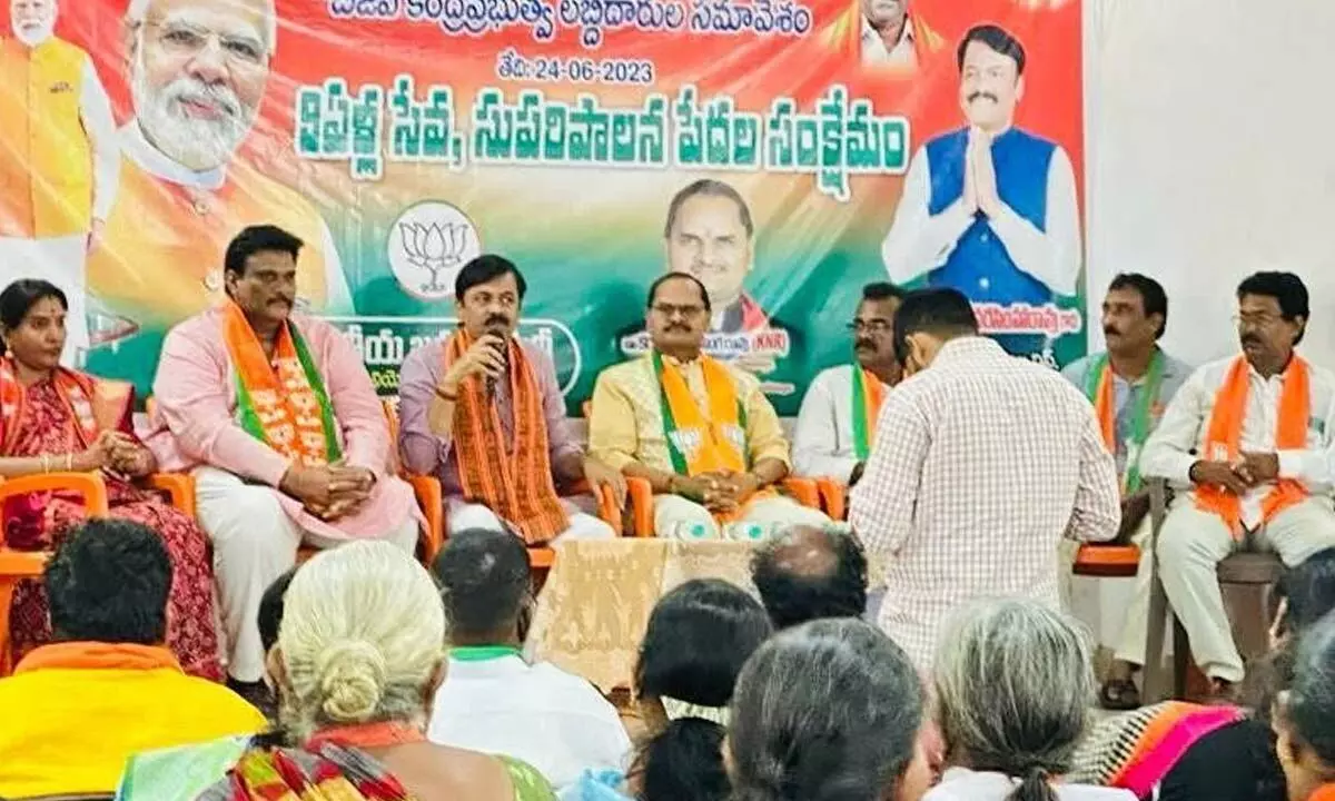 Rajya Sabha MP GVL Narasimha Rao interacting with the beneficiaries in Visakhapatnam on Saturday