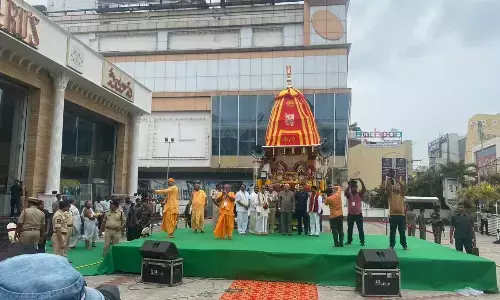 Governor S Abdul Nazeer and others taking part in Jagannath Rath Yatra organised by ISKCON in Vijayawada on Saturday