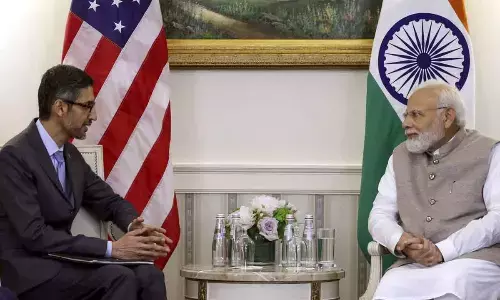 Prime Minister Narendra Modi with the CEO of Google and Alphabet Sundar Pichai during a meeting, at White House in Washington on Friday