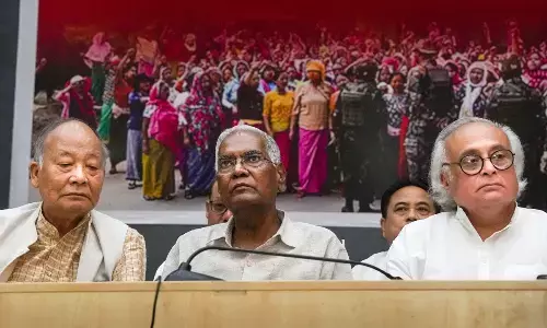 AICC gen secretary Jairam Ramesh, CPI gen secretary D Raja and former Manipur CM & Congress leader Okram Ibobi Singh during the National Convention on Peace in Manipur, in New Delhi on Sunday