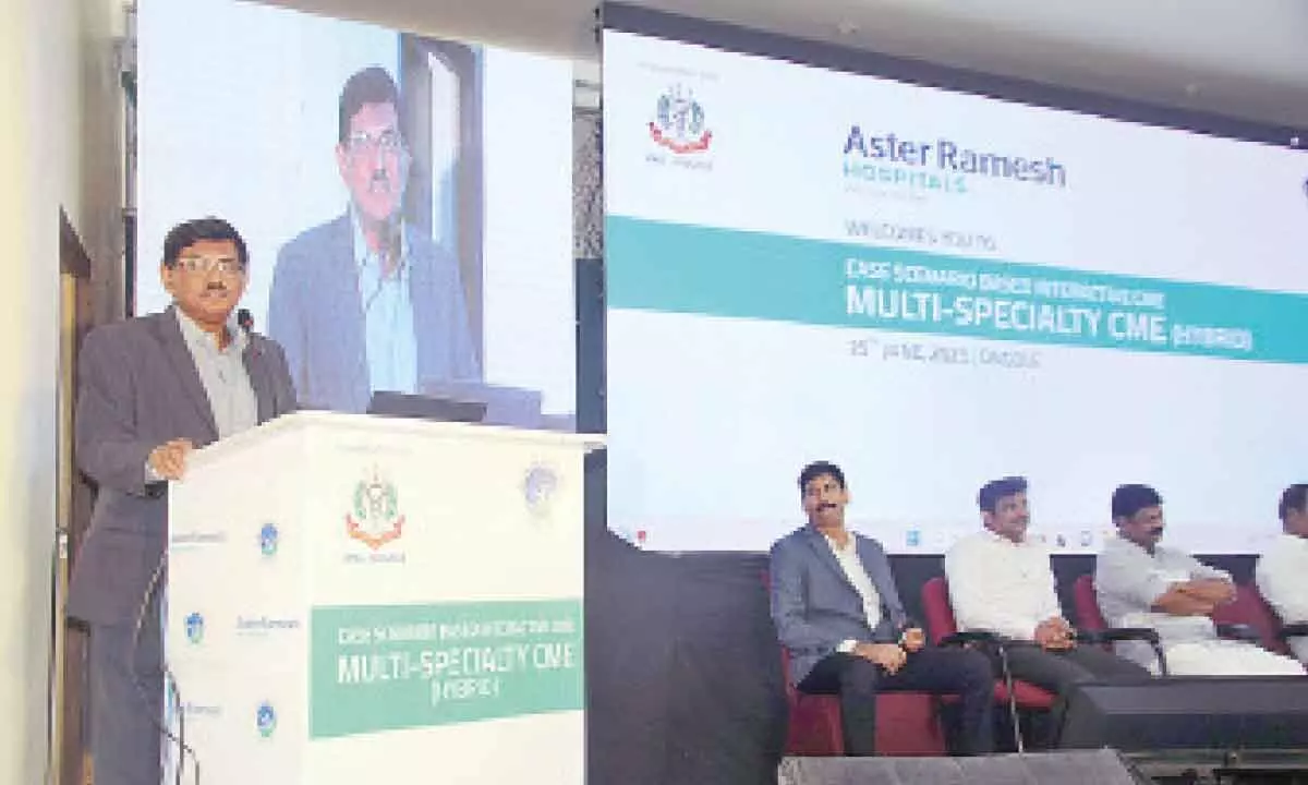 Dr P Ramesh delivering a key note address at the CME organised by Aster Ramesh Hospitals in association with IMA Ongole at Kothapatnam on Sunday