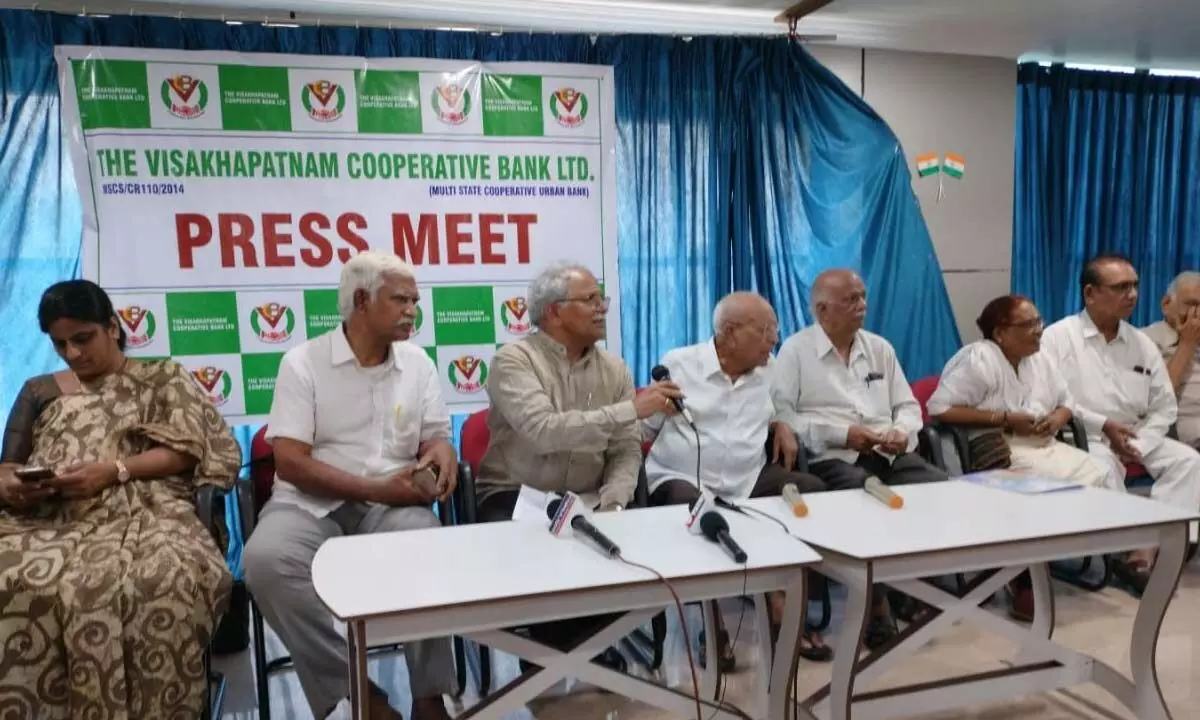 Visakhapatnam Cooperative Bank Limited Chairman Manam Anjaneyulu Speaking to the media on Monday