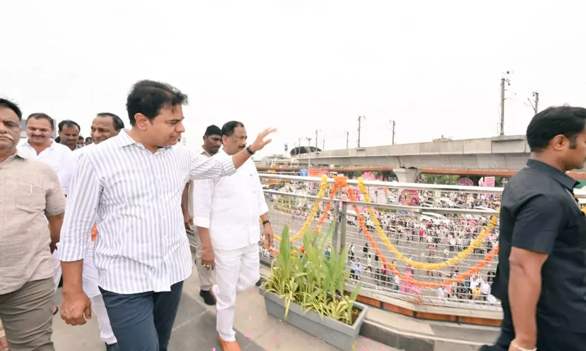 State IT and MA&UD Minister KTR taking a walk on the Skywalk bridge at Uppal in Hyderabad on Tuesday