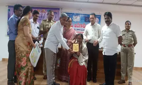 Senior Civil Judge K Nagamani being felicitated by Lendi management in Vizianagaram on Monday