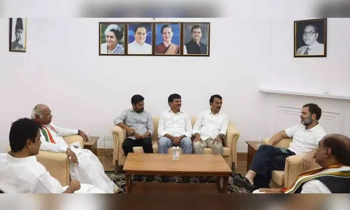 Former BRS leaders Ponguleti Srinivas Reddy and Jupally Krishna Rao, along with TPCC chief Revanth Reddy, meet with Congress president Mallikarjun Kharge and Rahul Gandhi in New Delhi on Monday