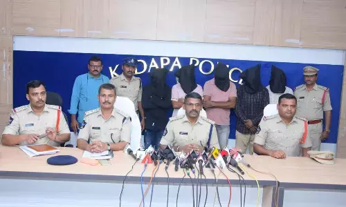 SP K K N Anburajan producing the accused in the murder of YSRCP leader C Srinivasulu Reddy in Kadapa on Monday