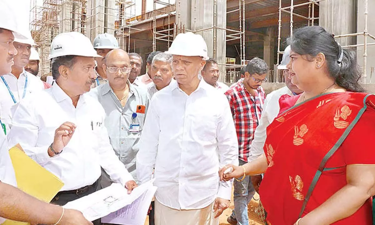 TTD EO AV Dharma Reddy visiting the ongoing works of Sri Padmavathi Children’s heart centre in Tirupati on Tuesday. JEO Sada bhargavi and other officials are seen