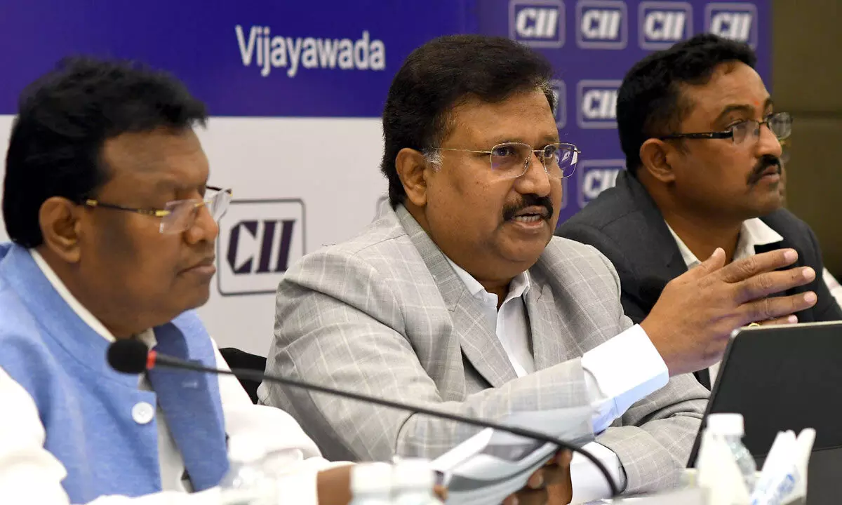 CII AP chairman M Lakshmi Prasad and members addressing a press conference in Vijayawada on Tuesday  (Photo: Ch Venkata Mastan)