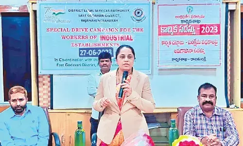 Senior Civil Judge and DLSA Secretary K Pratyusha Kumari speaking at a legal awareness camp on Tuesday