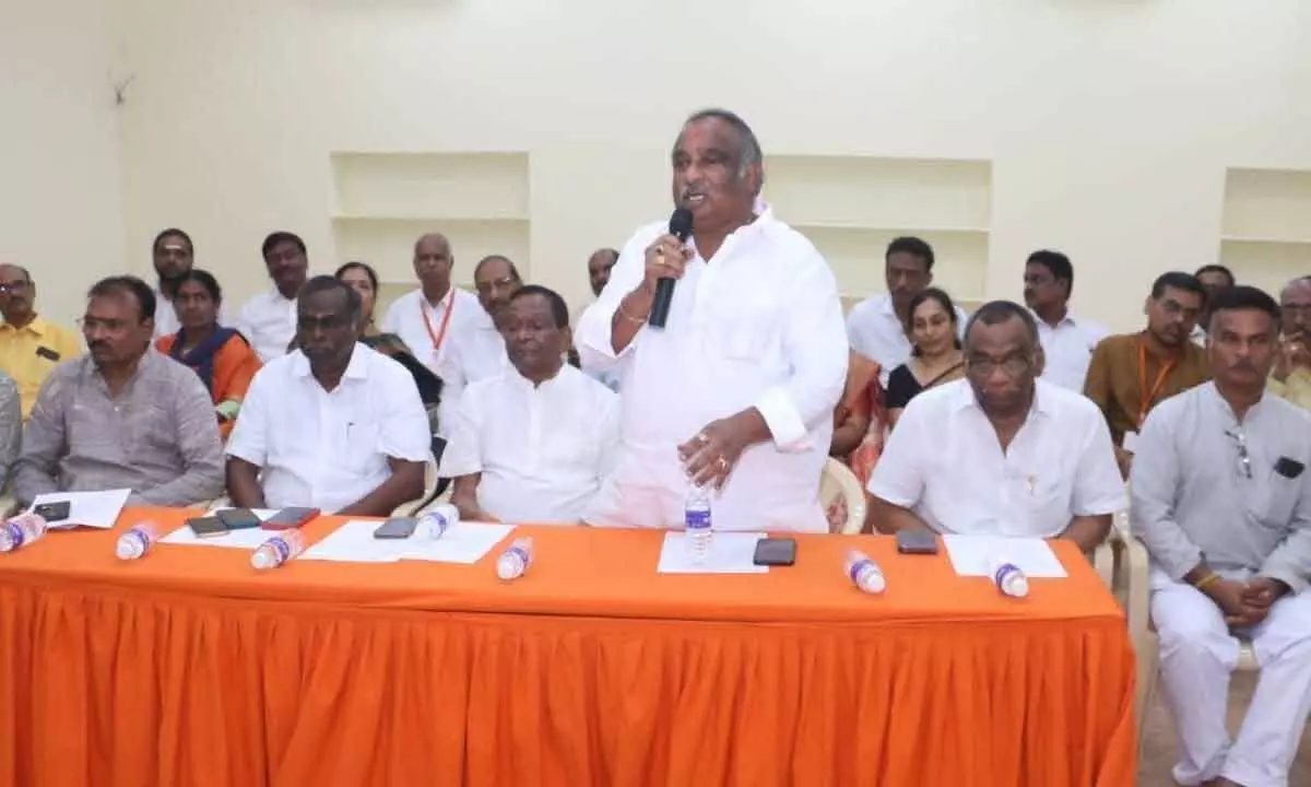 The newly-elected president of Prema Samajam Buddha Shivaji speaking at a meeting held in Visakhapatnam on Wednesday