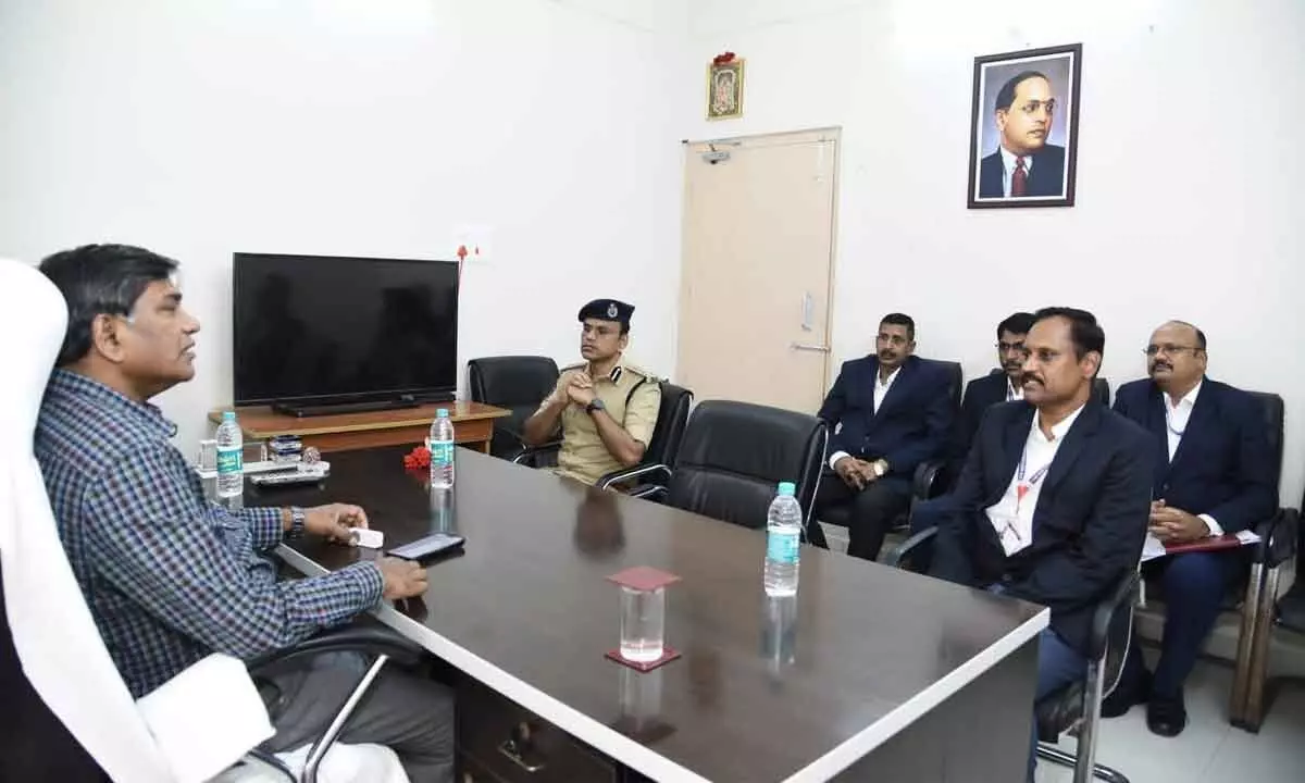 Director General of Police K V Rajendranth Reddy holds a meeting with the officials of APSP and CID departments in Kurnool on Wednesday